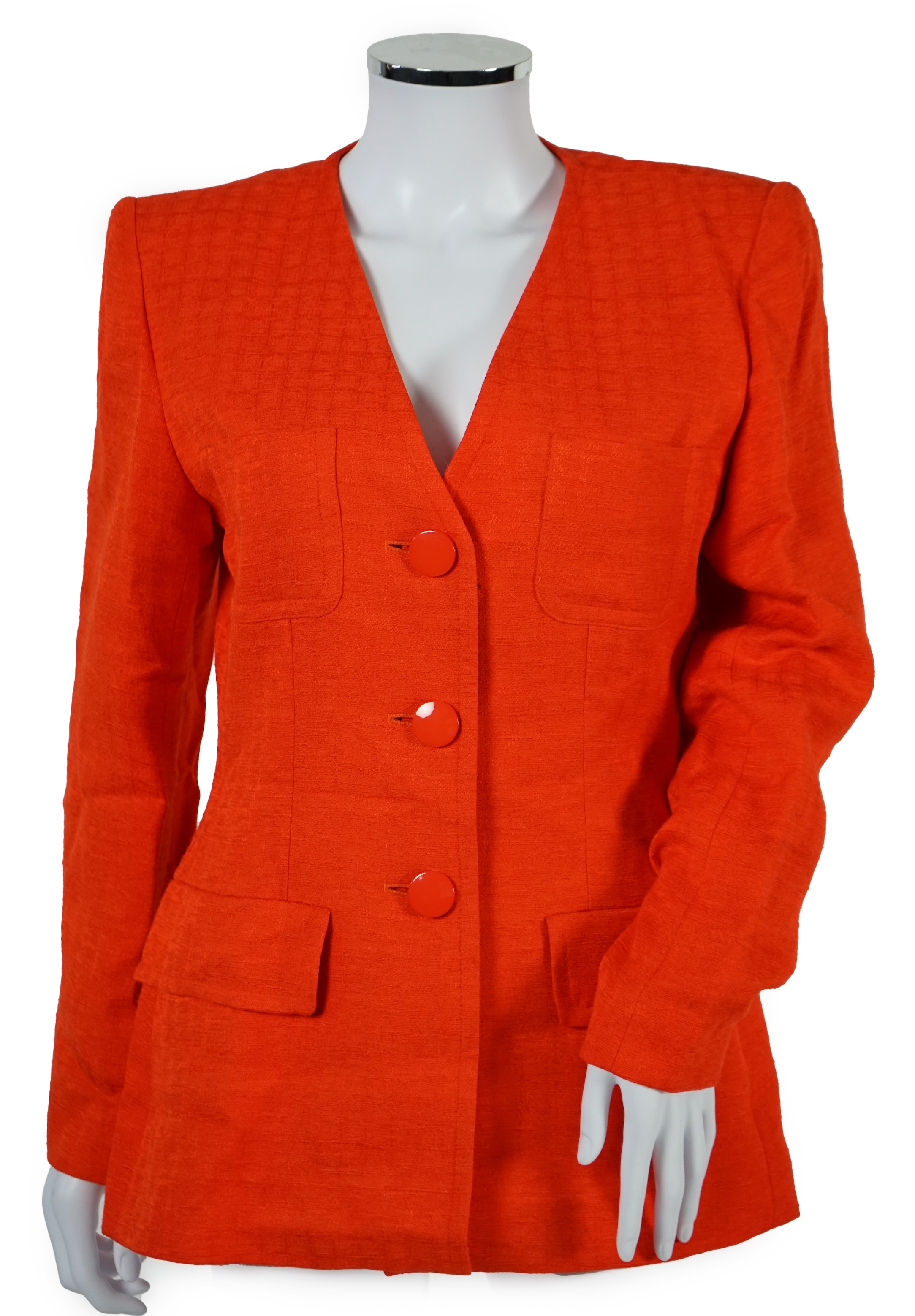Two vintage Yves Saint Laurent variation lady's skirt suits, royal blue and orange. F 40 (UK 12).Please note alterations to make the waist smaller may have been carried out on some of the skirts. Proceeds to Happy Paws P